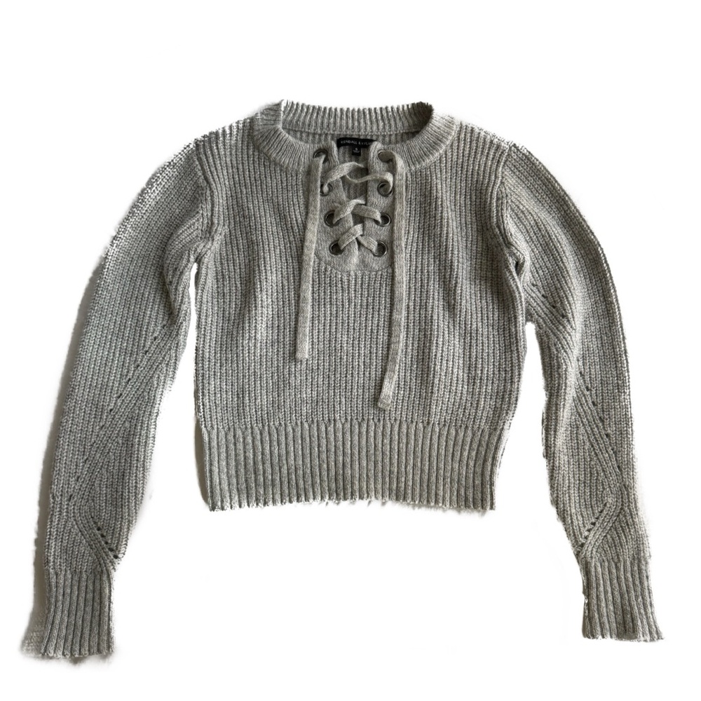 Light Gray Lace-Up Women's Cropped Sweater